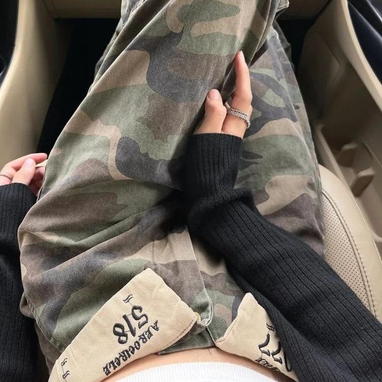 Ретро Американский Хай-стрит Камуфляжные Рабочие Джинсы - Женские Джинсы Прямого Широкого Кроя с Подворотами