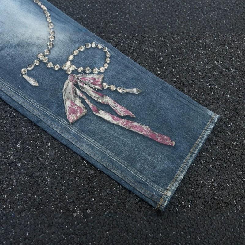 Streetwear Denim Jeans Men Women - High Waist Straight Cut With 3D Print Chain Bow Embroidery Mid-Rise Slim Fit