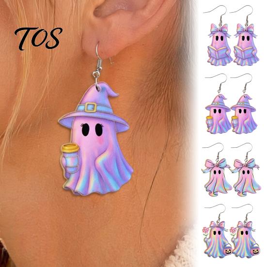Halloween Earrings 1 Pair Acrylic Earrings, Cute Pink Ghost Dangle Comfortable Accessories Drop Holiday Costume Jewelry for Women Allergy-free