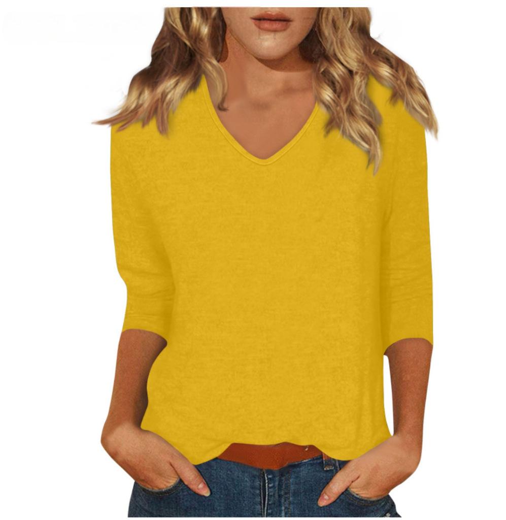 Women's Daily Versatile Casual V-Neck Solid Color Seven-Sleeve T-Shirt Top