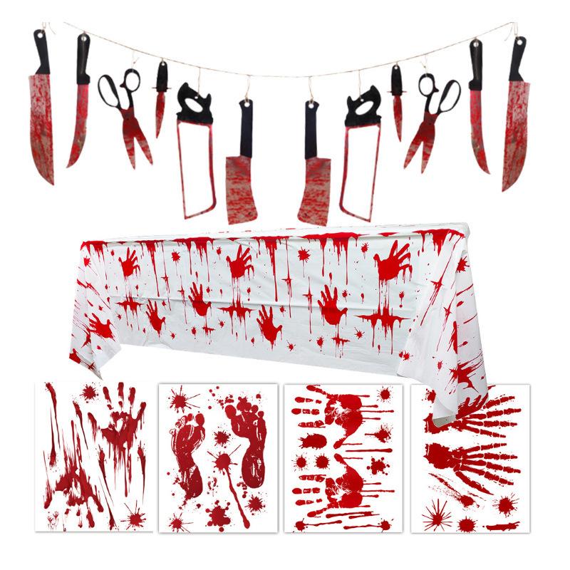 Halloween Decoration Blood Knife Pulling Flag Broken Hands And Feet Pull Flower Blood Handprint Cordon Bat Pulling Flag Banner Blood Halloween
