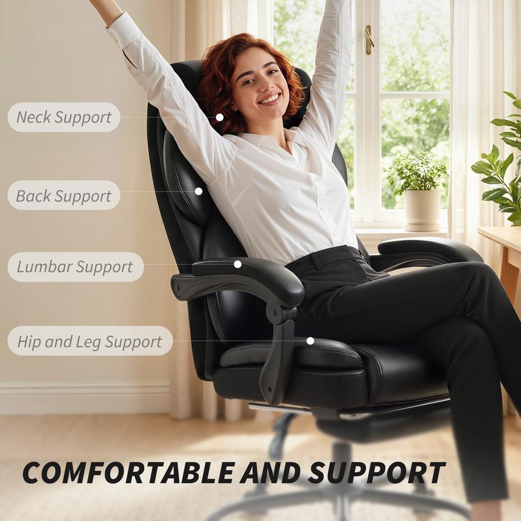 Adjustable Office Chair Reclining Computer Desk Chair with Footrest, Armrest, Casters, Black