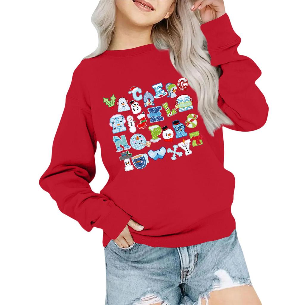 Kids' Fashion Loose-Fit Casual Long-Sleeve Christmas Print Oversized Crewneck Sweatshirt