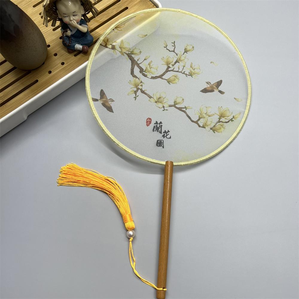 Китайский круглый веер с деревянной ручкой, портативный напечатанный винтажный шелковый веер, древний веер с кисточками для танцев, костюм Тан, праздничный атрибут