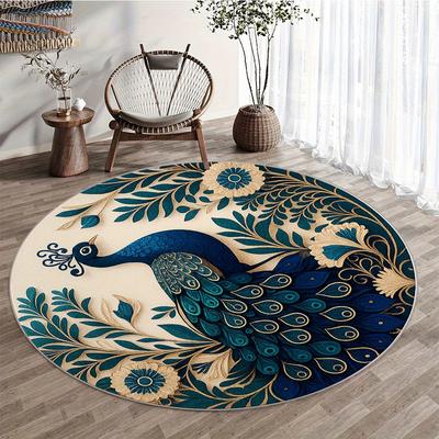 1PC Luxury Turquoise Gold Peacock Round Rug, Non-slip Floor Mat for Living Room, Bedroom, Bathroom, Holiday Home Decoration