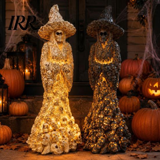 Glowing Bone Sculpture Skeleton Witch Resin Figurine, Halloween Gothic Skull Statue, Spooky Realistic Texture Fantasy Ornament for Desk,