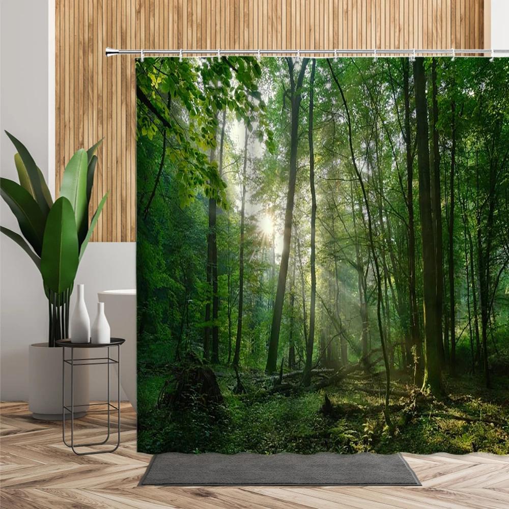 3D Тропический лес Природный пейзаж Водонепроницаемая занавеска для душа Зеленые деревья Мох Густой лес Перегородка для ванной Экран для ванной Занавеска для ванной