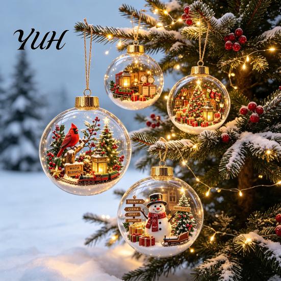Decorative Acrylic Christmas Ornaments Tree Crystal Ball Pendant with LED Light, Built-in Christmas-themed Theme Hanging Charms Pattern Design,
