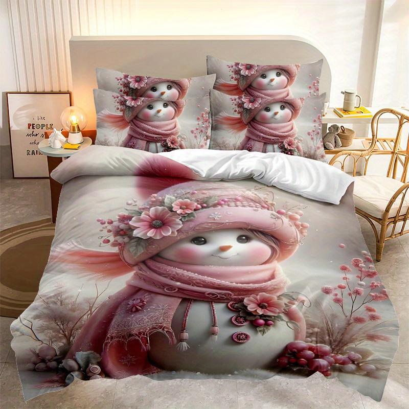 Набор постельного белья «Зимний снеговик» из 3 предметов - Мягкое розовое и пастельно-розовое покрывало с застежкой-молнией, Всесезонный, машинная стирка, полиэстер