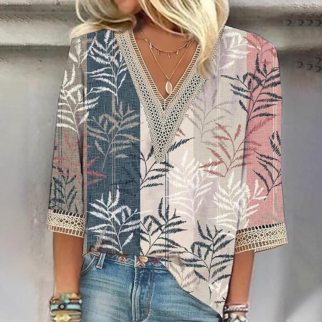 Women's Shirt Blouse Casual Loose Shirts 3/4 Sleeve Lace Trims Print V Neck Tops Print Tops T-shirts Tee