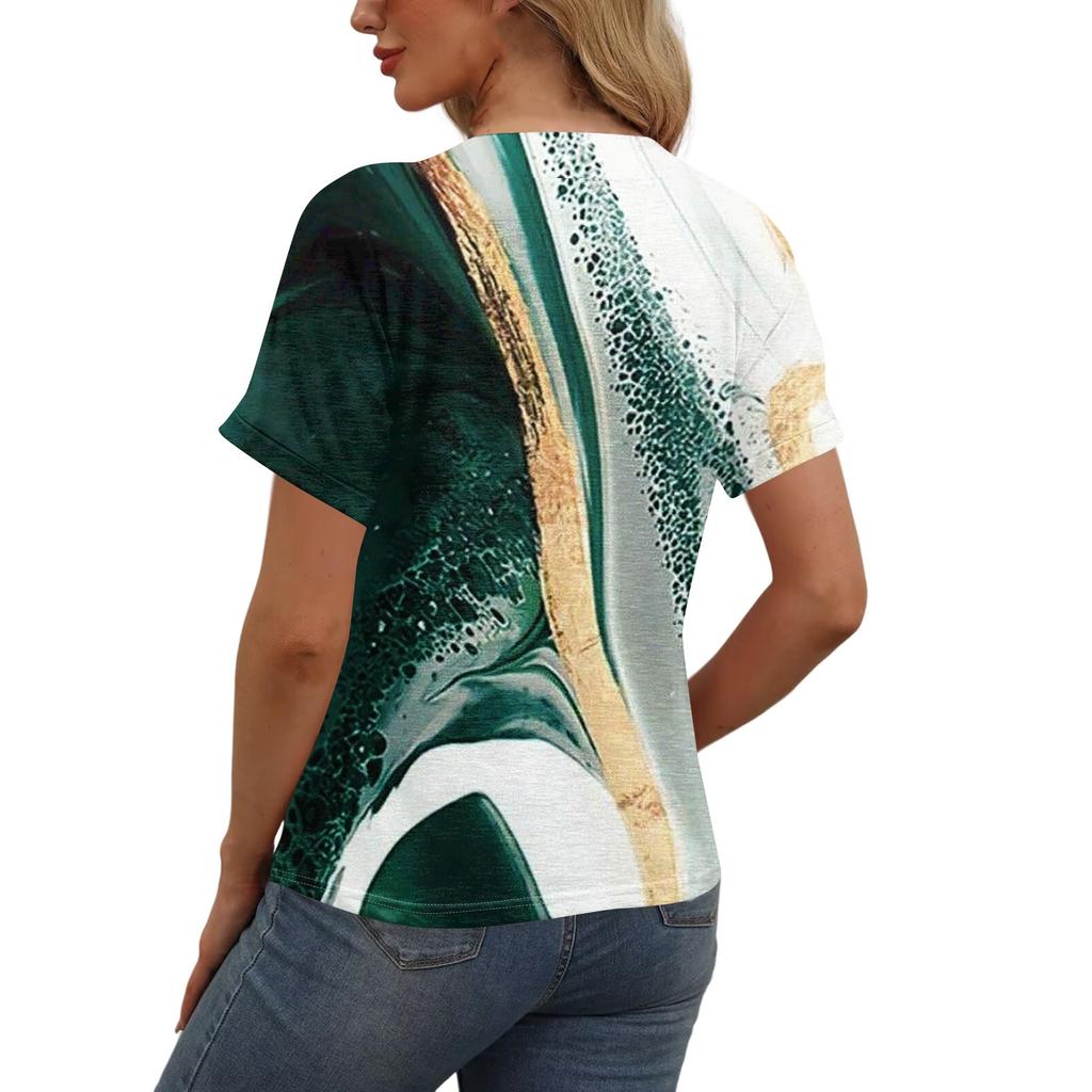 Женская модная футболка с короткими рукавами и V-образным вырезом, цветным принтом в стиле пэчворк, на пуговицах