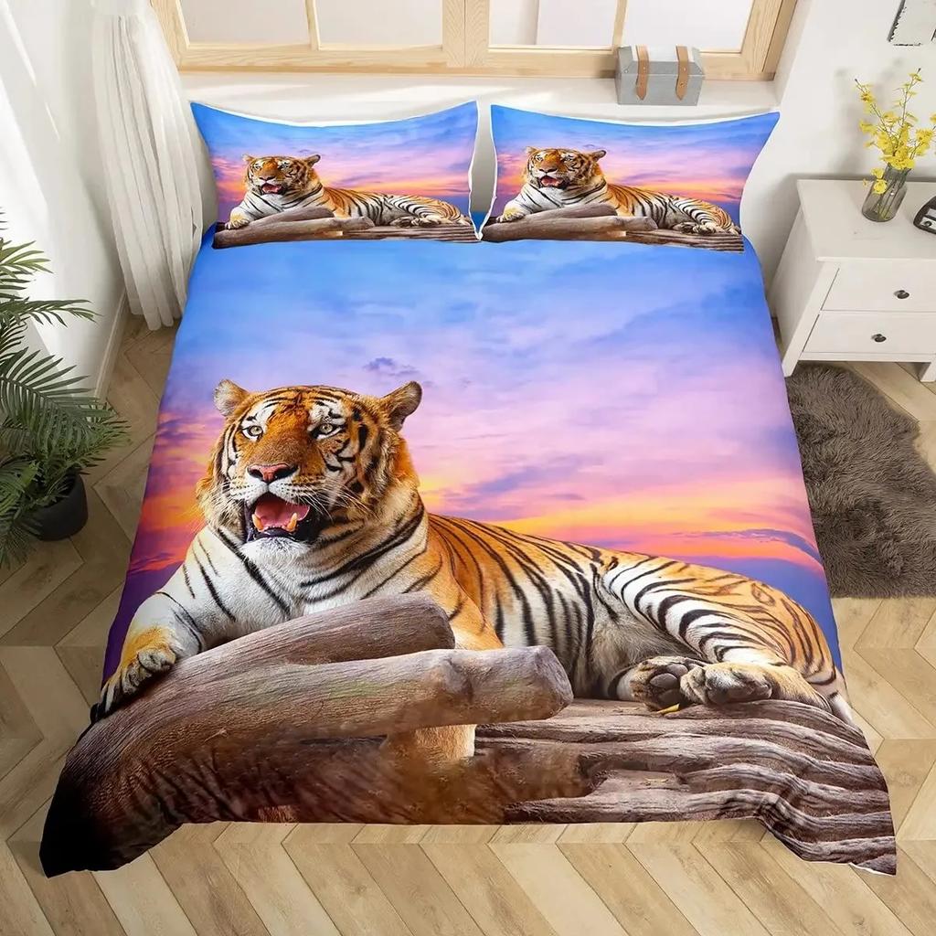 Tiger Duvet Cover Sets Full Size King Size,African Animals Bedding Set,Tropical Wild Animal Comforter Cover Quilt Cover