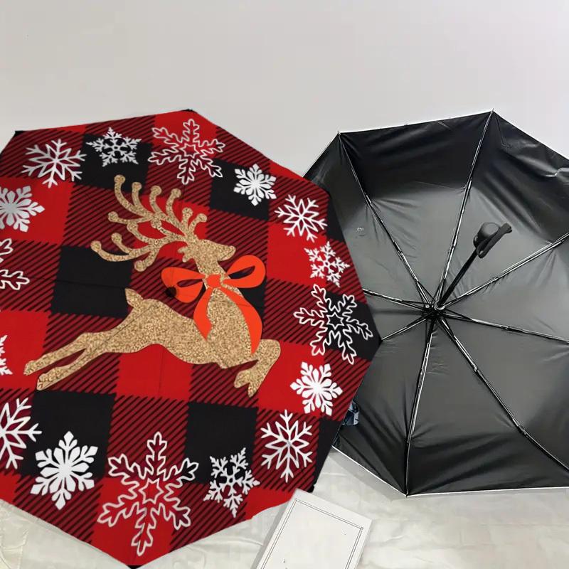 1pc Christmas Reindeer Plaid Pattern Umbrella with Plastic Handle,Suitable for All Seasons Home Travel Outdoor UmbrellaDD227
