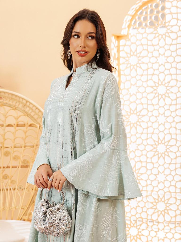 Elegant Sequin Embroidered Muslim Women's Robe - Middle Eastern Style Long Dress