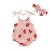 Baby Girl Summer Jumpsuit Strawberry Print Bandage Sleeveless Romper and Headband Set Cute Fashion Clothes Outfits