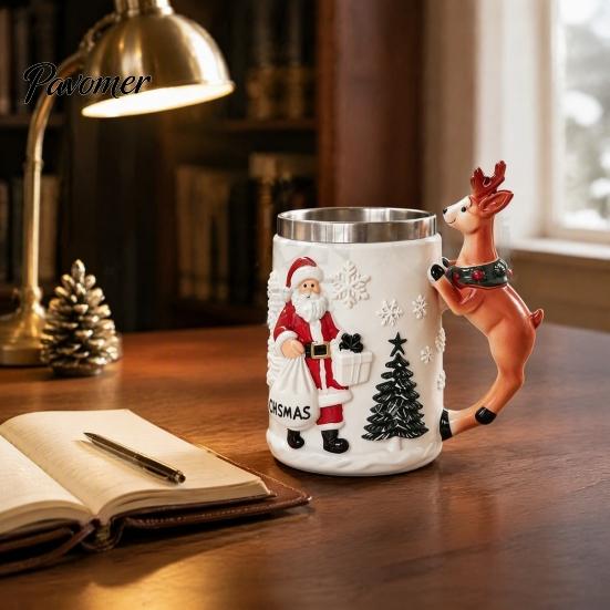Winter Seasonal Drinkware Christmas Santa Claus Coffee Mug with Reindeer Handle, 300ml 3D Stainless Steel Liner Embossed Resin Holiday Cup for