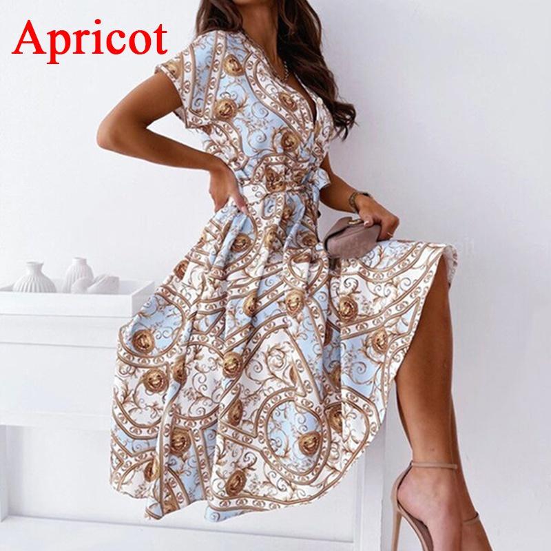 Summer Women Shirt Lace-Up Belt Dress V Neck Button Short Sleeve Party Dress Vintage Pattern Print A-Line Midi Dresses