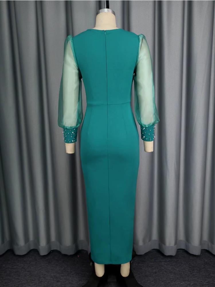 Роскошные гостевые свадебные платья для вечеринки Женские элегантные платья с V-образным вырезом из прозрачного тюля и сетки, с длинными рукавами-фонариками, бисером и разрезом, модные платья