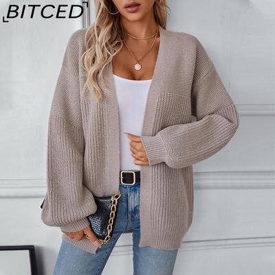 Повседневный вязаный кардиган-жакет оверсайз средней длины однотонного цвета для женщин на осень/зиму