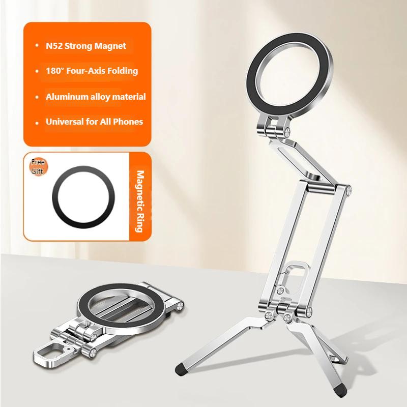 Aluminum Alloy Phone Stand Magnetic Desktop Holder Dual Folding Tripod Mount with Carabiner Clip for Outdoor Hiking Vlogging Live Streaming
