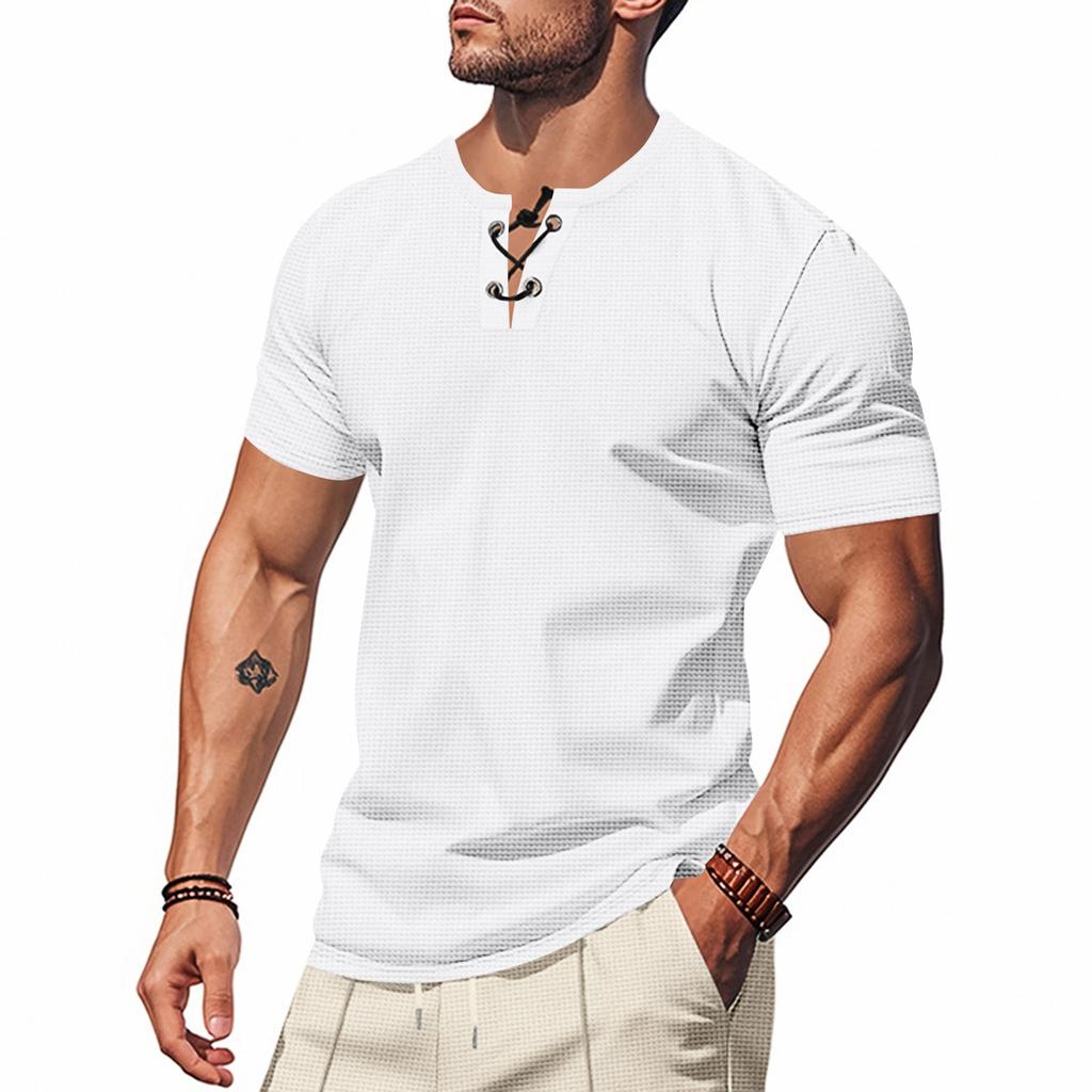 Мужская однотонная рубашка с короткими рукавами, завязывающаяся на шнурок, в спортивном стиле, повседневная