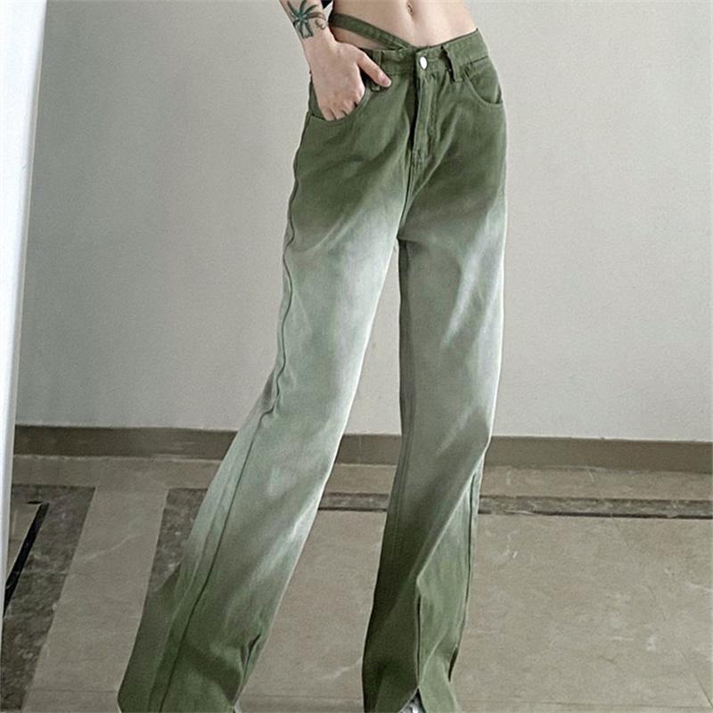 Womens Fashion High Waist Split Up Green Women's Wide Leg Jeans Baggy Woman Denim Capris Pants Jean Mom Jeans Trousers