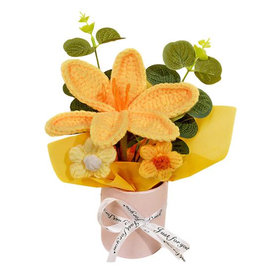 Вязаный Цветочный Букет Ручной Работы Искусственный Вязаный Букет Подсолнух Гвоздика Тюльпан Пушистые Цветы Подарки для Мамы Жены на День Рождения Юбилей