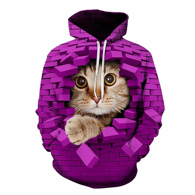 Men's Creative Brick Wall Cat Graphic Fleece Hoodie, Thick Warm Autumn Winter Pullover, Fun Pet Art Sweatshirt for Youth Daily Street Matching