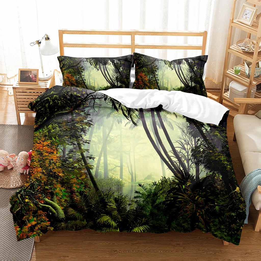 Green Jungle Theme King Queen Full Duvet Cover Forest Trees Bedding Set Natural Landscape Quilt Cover Polyester Comforter Cover
