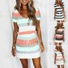 Женское летнее платье в полоску с V-образным вырезом и коротким рукавом, повседневное мини-платье с завязками и карманами