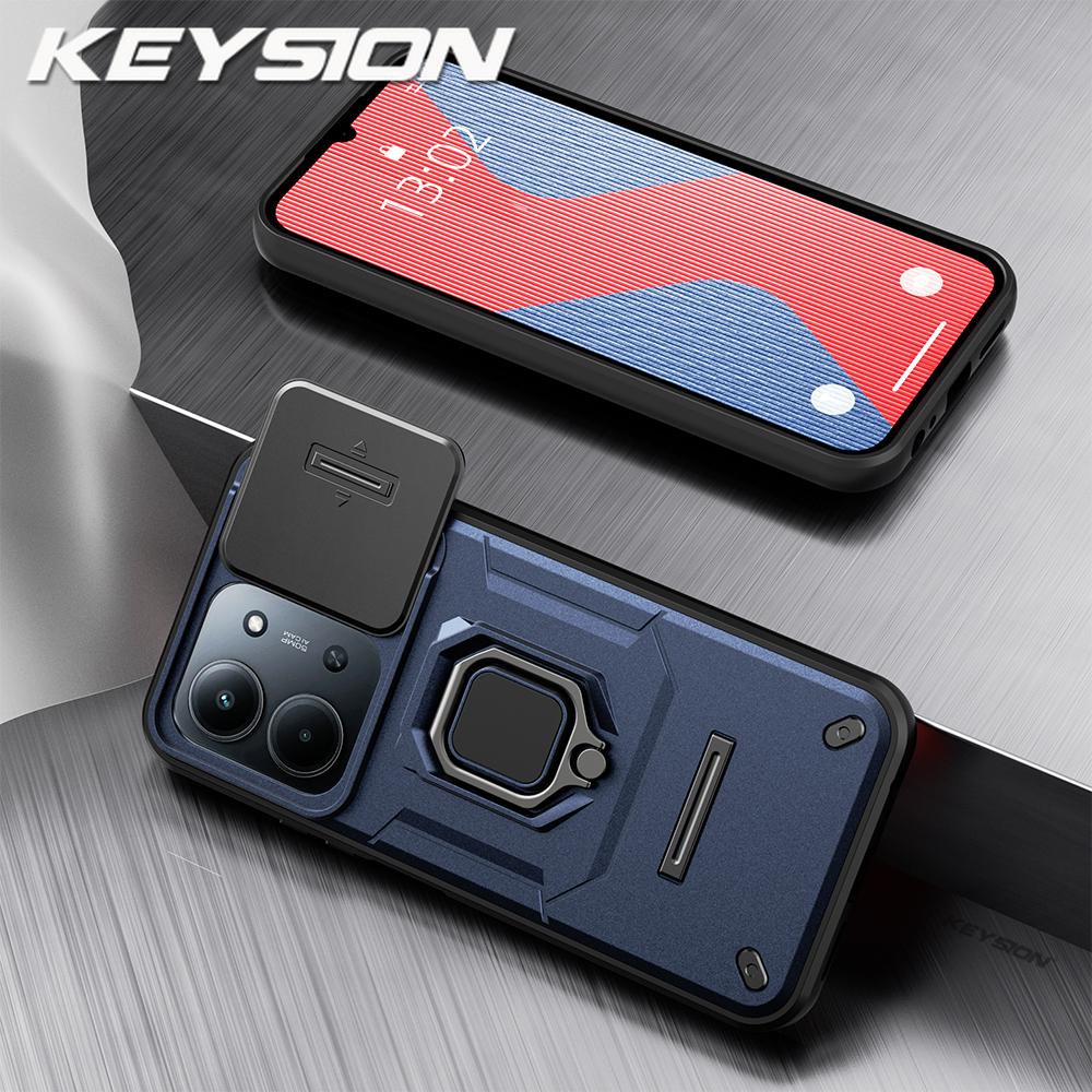 KEYSION Ударопрочный бронированный чехол для Redmi 15C 171мм 173мм Защита выдвижной крышки камеры Металлическое кольцо-подставка Задняя крышка телефона для POCO C85