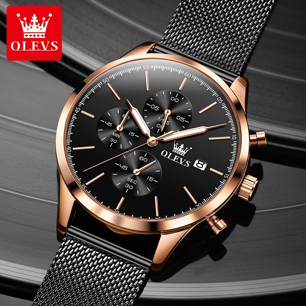 OLEVS Brand Mesh Quartz Multi functional Three eye Six pin Men's Watch 2881