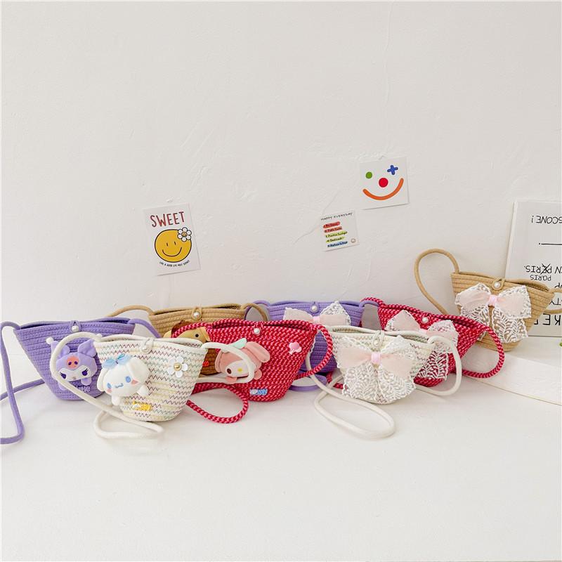 Adorable Korean Style Cartoon Woven Children's Bag With Bowknot And Floral Design