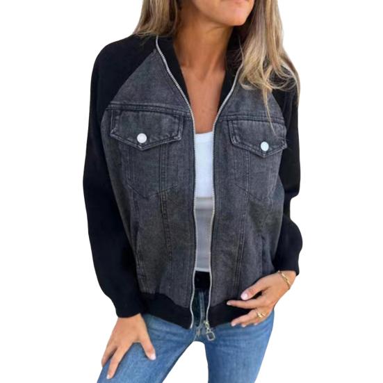 Fall Winter Women Jacket Color Matching Zip-up Pockets Cardigan Long Sleeves Patchwork Raglan Shoulder Turn-down Collar Casual Daily Wear Coat