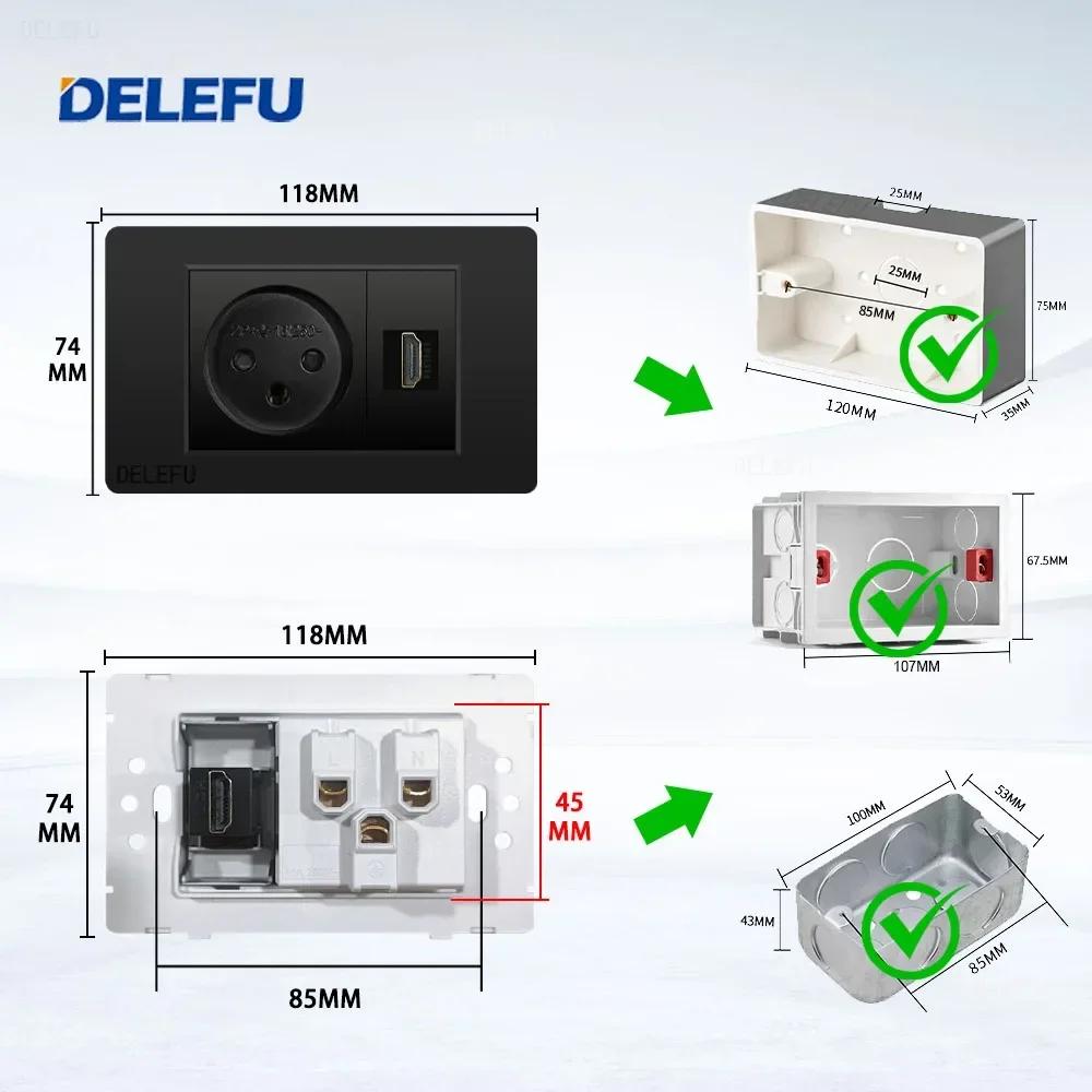 DELEFU Israel Socket DIY Blank Board USB TypeC Doorbell Switch 45A 20A Curtain TEL CAT5 TV HDMI SAT Smart Black