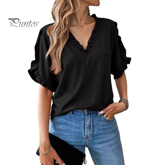 Женская рубашка с V-образным вырезом, оборками, рукавами-лепестками, однотонные топы свободного кроя, повседневная офисная дорожная рубашка