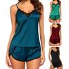 2 шт./компл., женский летний жилет с открытой спиной на бретельках, топы с эластичным поясом, широкие шорты с кружевной отделкой, гладкая атласная одежда для сна, домашняя одежда
