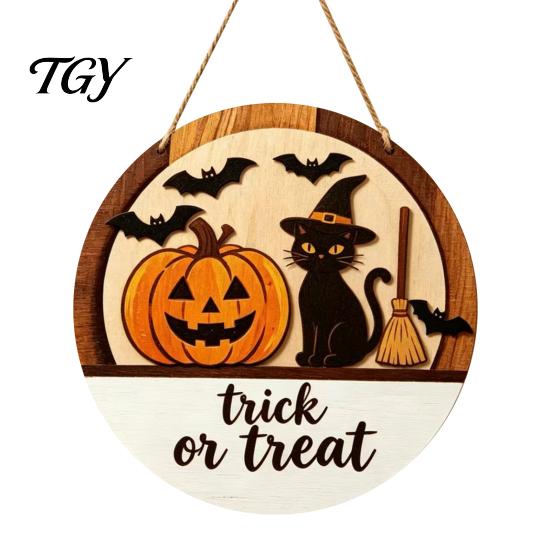 Scary Home Decor Halloween Layered Round Door Hanger, 3D Pumpkin Ghost Owl Wood Welcome Sign, Farmhouse Accents Front Wall Hanging for Store