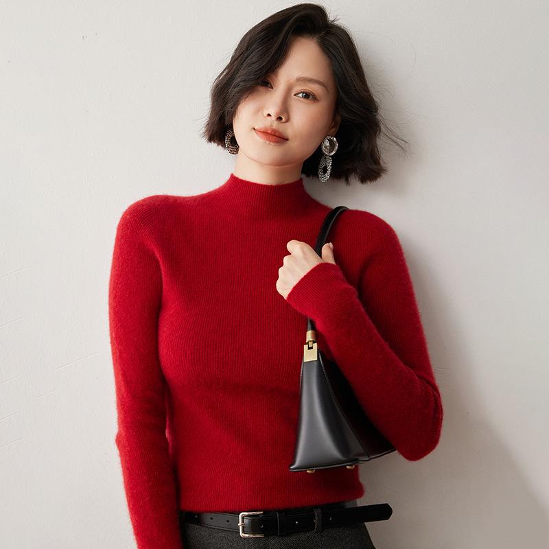 Women's Ribbed Cashmere Half-High Neck Sweater - 2024 Autumn/Winter Tight-Fit Knit Base Layer