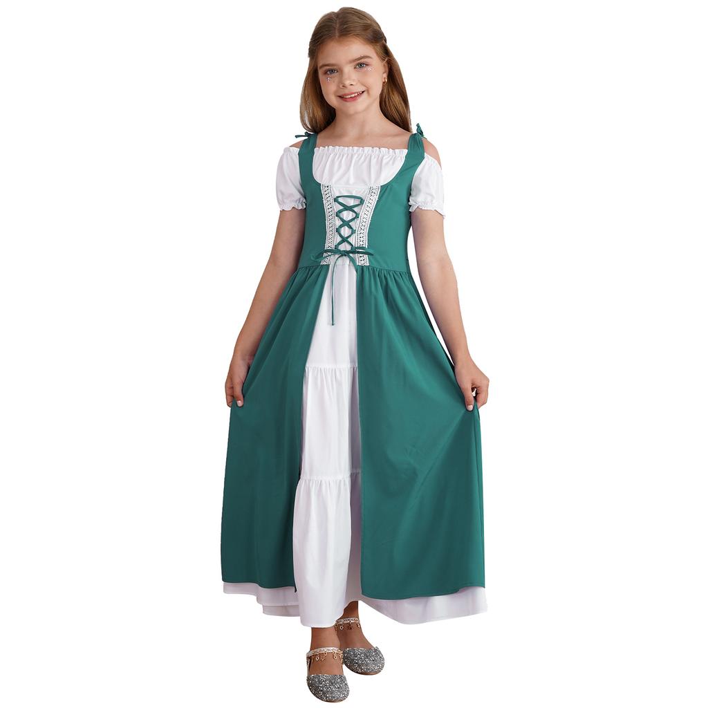 Girls Renaissance Dress Medieval Costume Square Neck Short Sleeve Lace Up High Waist Ruffle Fancy Dress