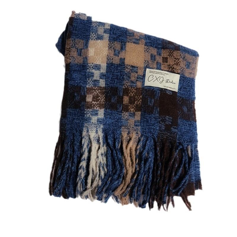 2024 Autumn/Winter New Women'S Mosaic Grid Thickened And Extended Warm Scarf With Contrast Color, High Grade Tassel Versatile Scarf And Shawl