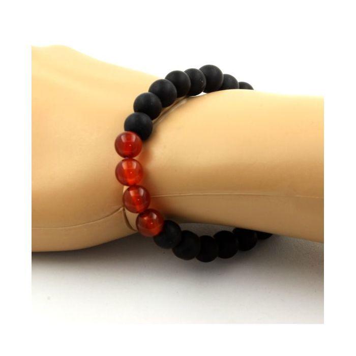 Pierres et Minéraux. Bracelet Perles Agate Rouge + Onyx noir mat 8 mm. Fabriqué en France.