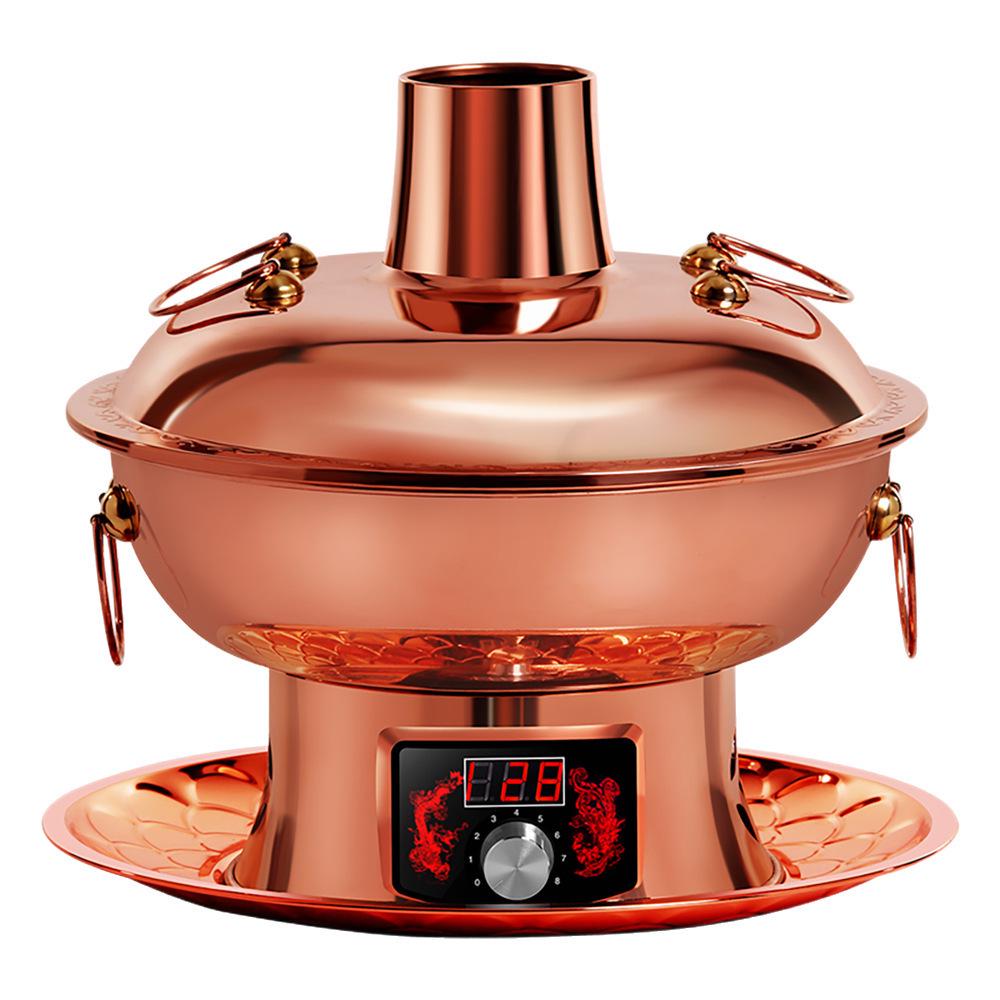 Электрическая фиолетовая медная двухфункциональная кастрюля для хот-пота: Регулируемая температура Шабу-Шабу Баранина Баранина Уголь и Подогреваемая Медная Кастрюля с Вилкой для Домашнего Использования