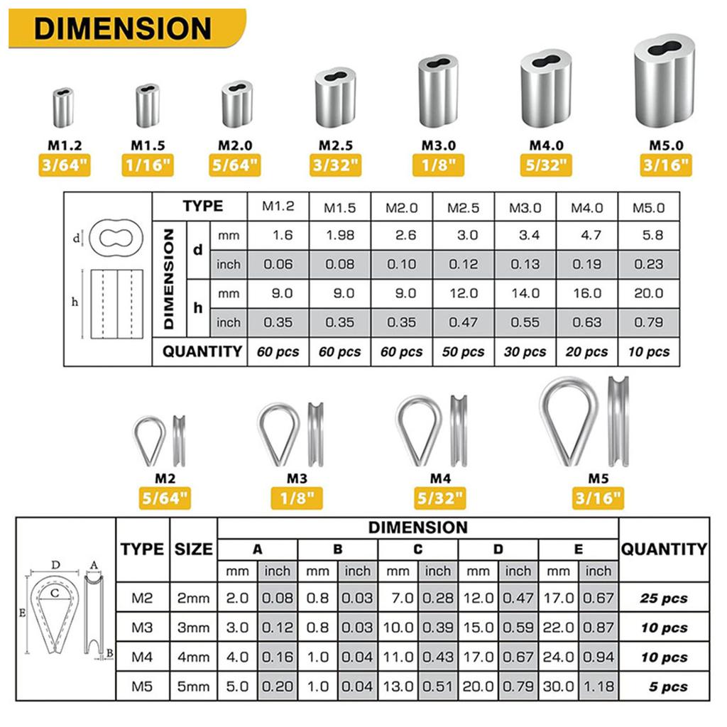 Aluminum Crimping Loop Sleeve 340pcs Cable Ferrule Wire Rope Sleeves Loops Sleeve Assortment Set