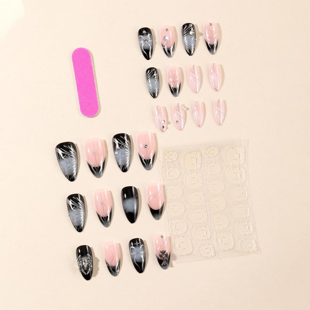 Silver Irregular Stripe Almond-Shaped Spider Bow False Nail Art Patches