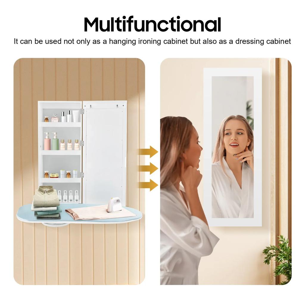 Настенный шкаф для гладильной доски с зеркалом, поворотная на 180°, складная гладильная доска с местом для хранения для дома, квартиры и небольших помещений