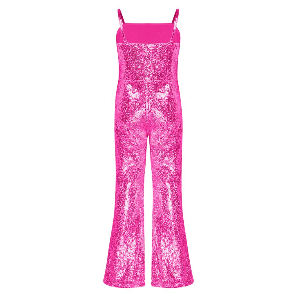 Girls Character Cosplay Costume Spaghetti Straps Bell Bottom Shiny Sequins Zipper Jumpsuit Movie Role Play Dress
