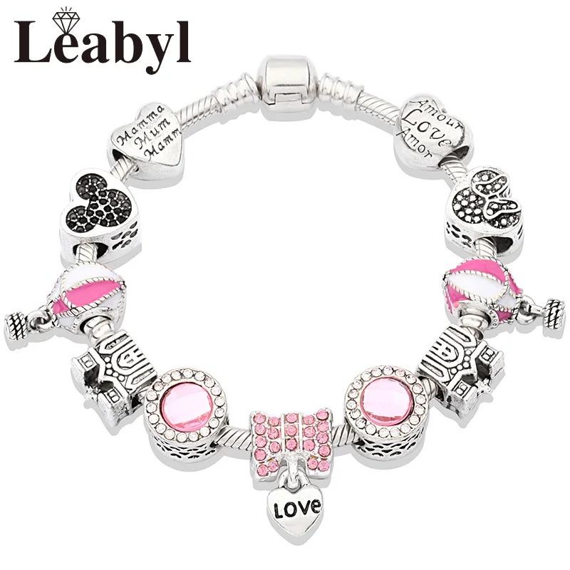 Розовый Эмаль Кристалл Воздушный Шар Любовь Подвеска Шармы Браслеты для Женщин Девушек Посеребренный Замок Минни Бусина Украшения