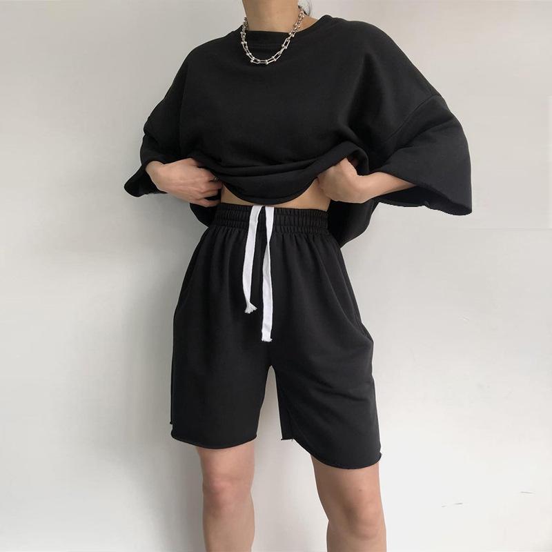 European and American new casual women's suit solid color half-sleeved round neck loose short-sleeved tether shorts two-piece set