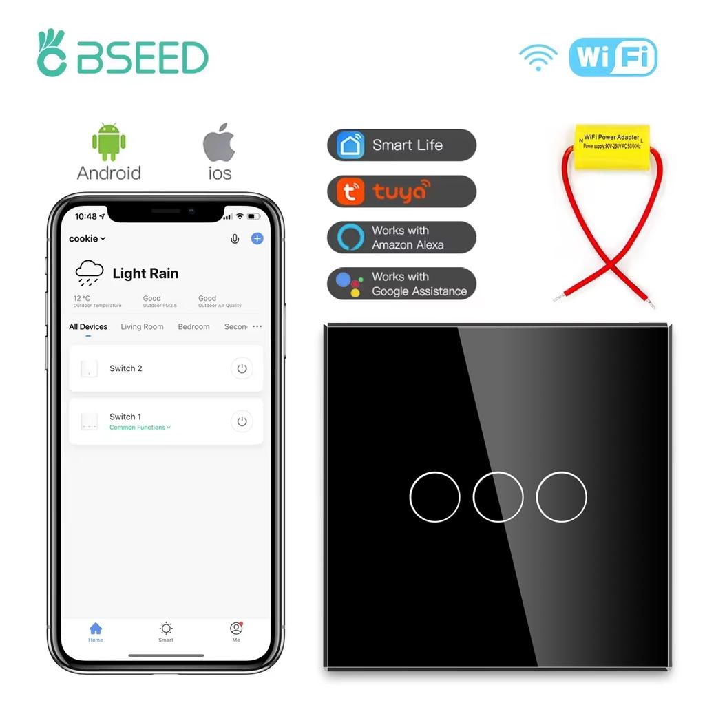 BSEED 1/2/3-клавишные Wifi сенсорные выключатели света Tuya Smart Life Приложение Alexa С розетками EU, портами питания USB, конденсатором в комплекте, черный